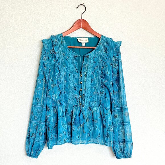 Cleobella Teal & Gold Metallic Floral Ruffle Long Sleeve Chiffon Blouse Size L - Picture 1 of 15